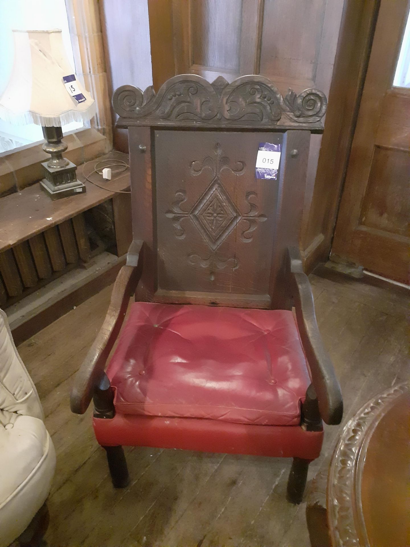 Oak Armchair Red Leather Seat, Oak Side Table on L