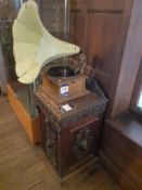 Vintage Gramophone and Oak Gothic Style Side Cabin