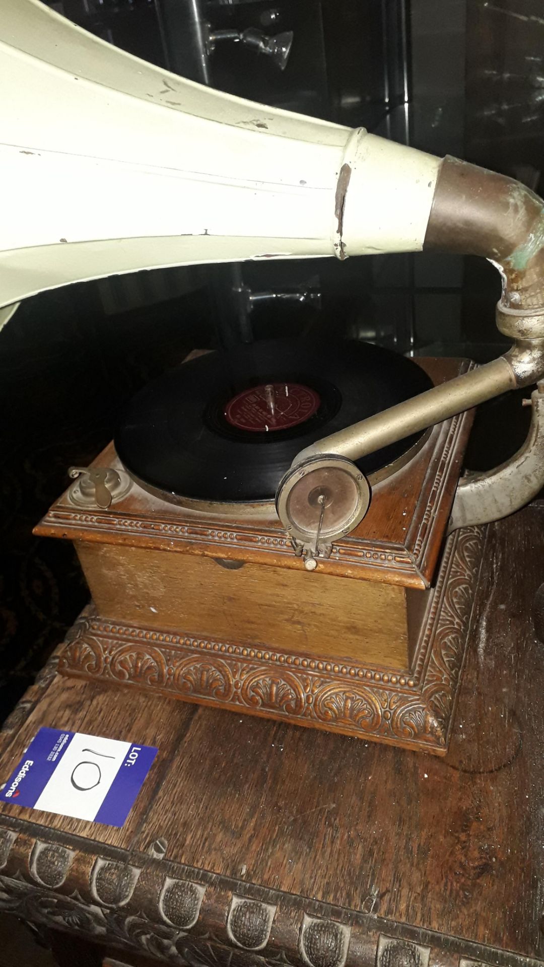 Vintage Gramophone and Oak Gothic Style Side Cabin - Image 2 of 6