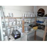 Large quantity of assorted crockery to shelving