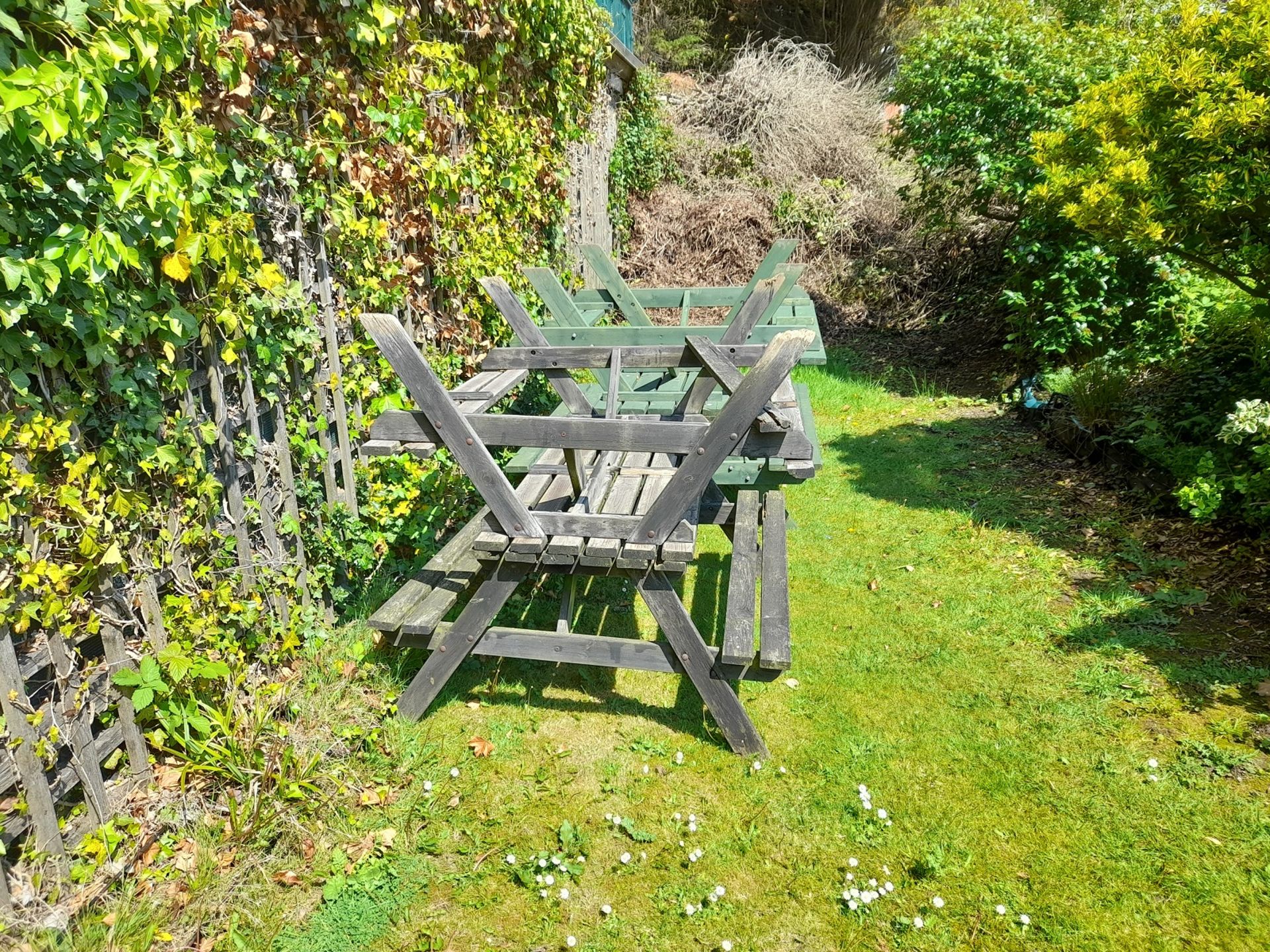 Large quantity of wooden outdoor furniture, to include 11 x Circular benches and tables, and 4 x