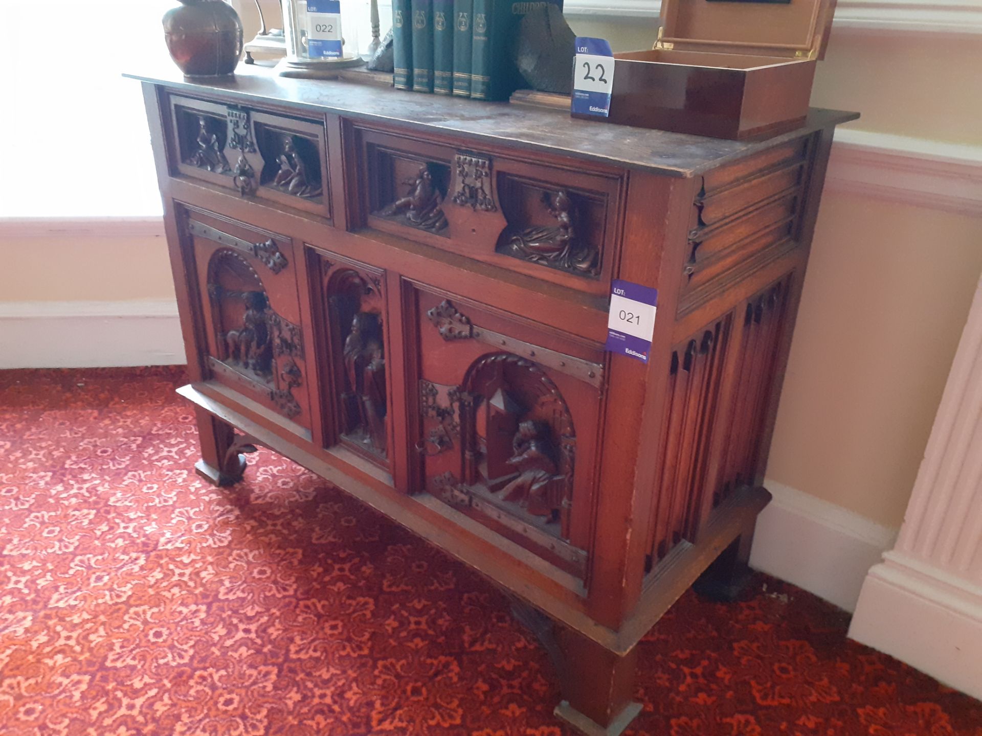 Oak Gothic Style Deep Relief Carved Sideboard, Rep