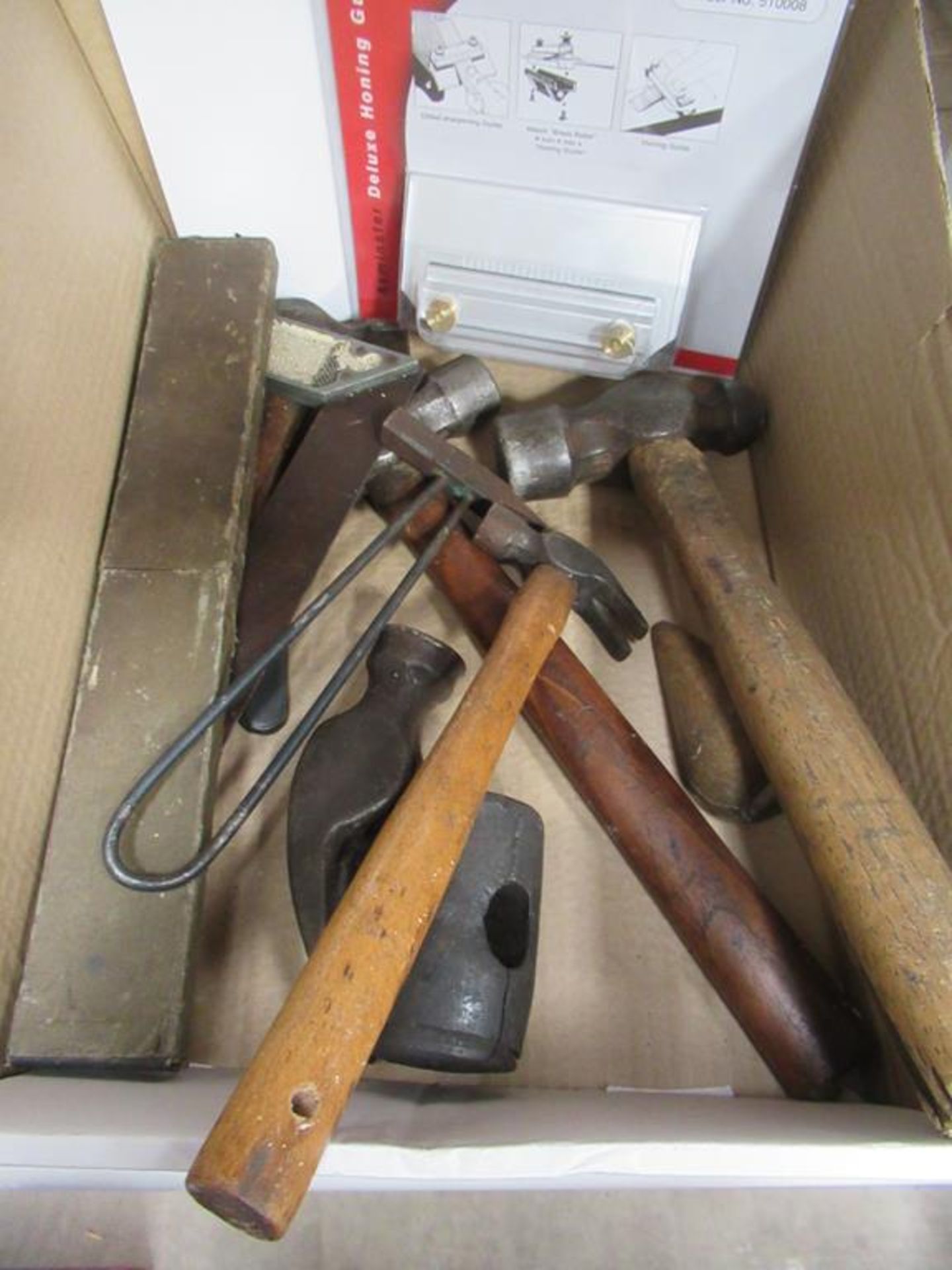 Various Tools in box to include Hammers, Square, Chisel Sharpener etc - Image 2 of 2