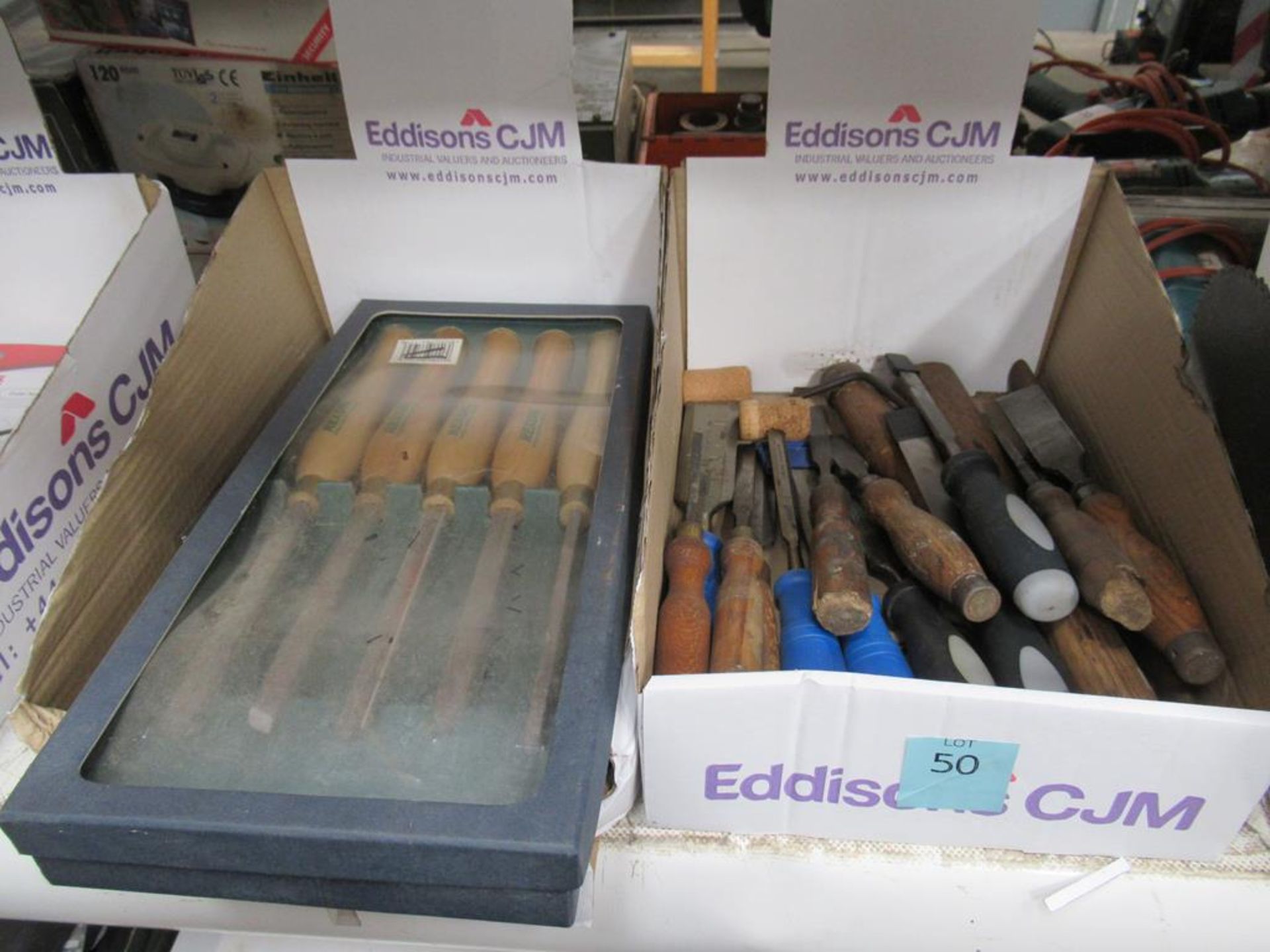 Contents of 2 boxes to include various Woodworking Chisels and Cold Chisels along with various Circu