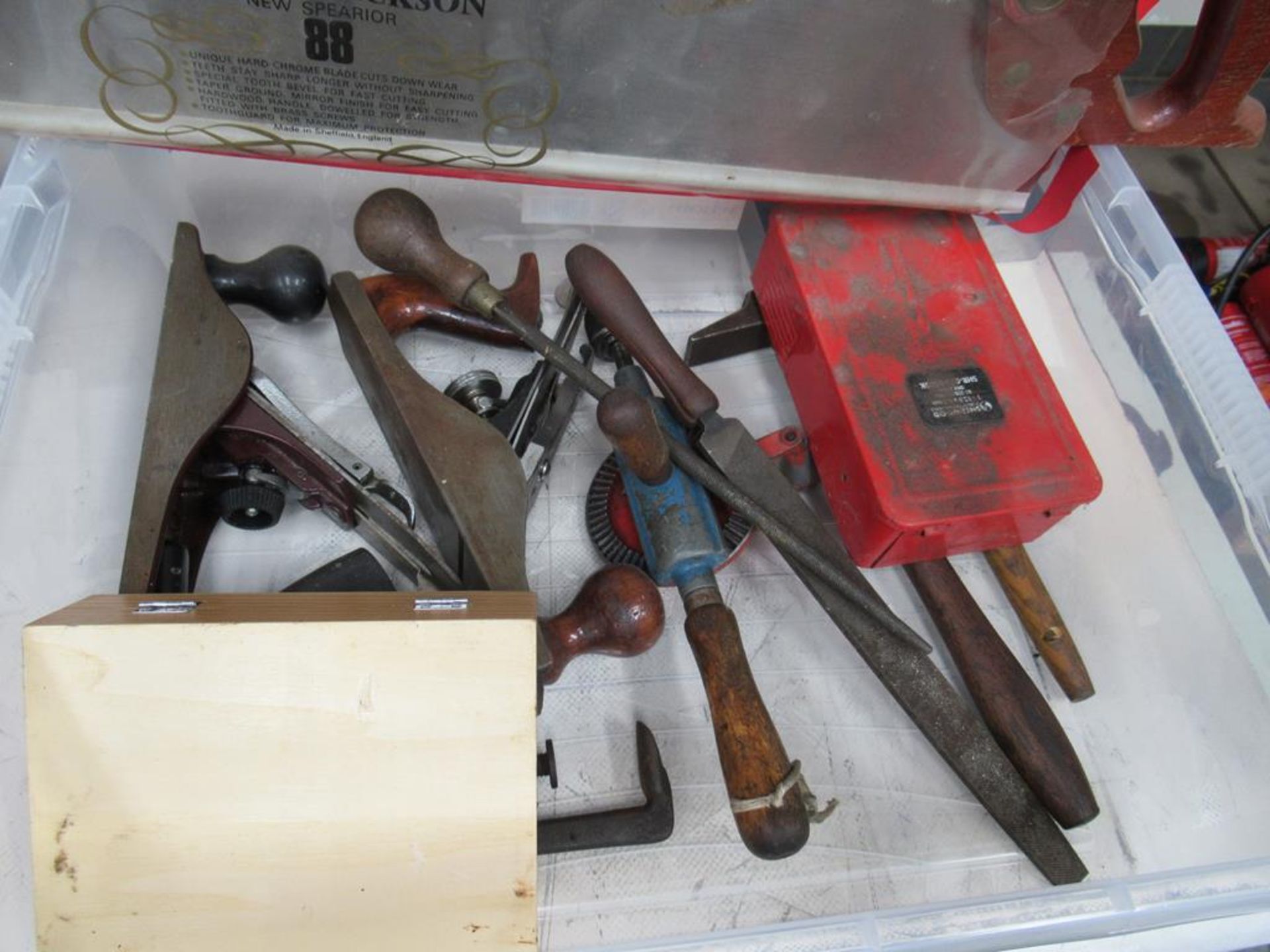 Various Hand Tools in Crate to include 2x Wood Planers, Hand Saw and Router bits etc - Image 3 of 4