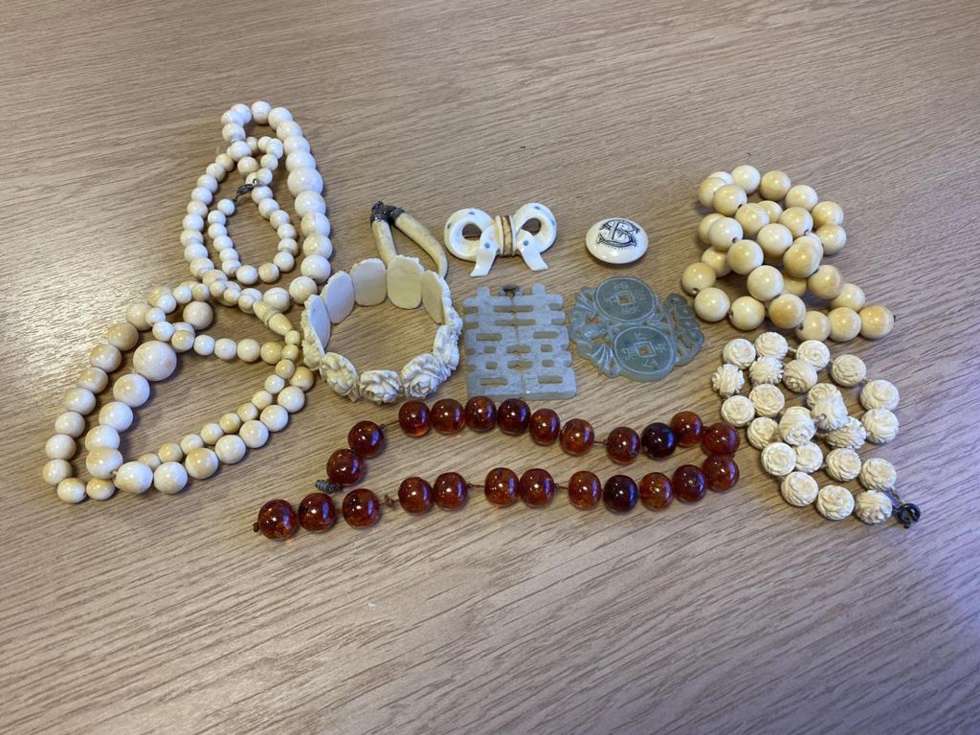 Antique Ivory Blade Necklaces, Amber Beads etc