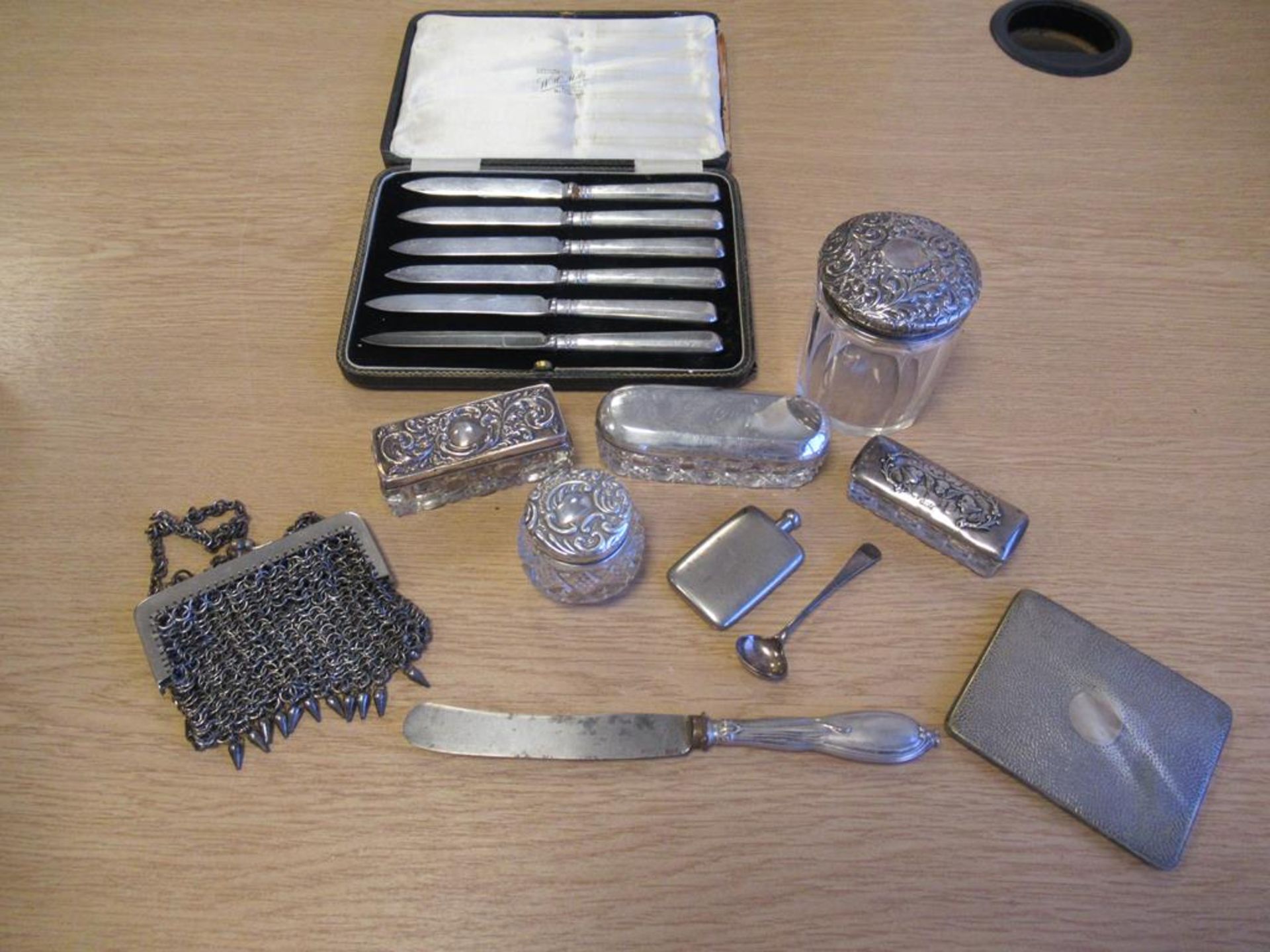 Five Edwardian Hallmarked Silver and Cut Glass Jars/Boxes Silver Handled Tea Knives, an unusual Fold