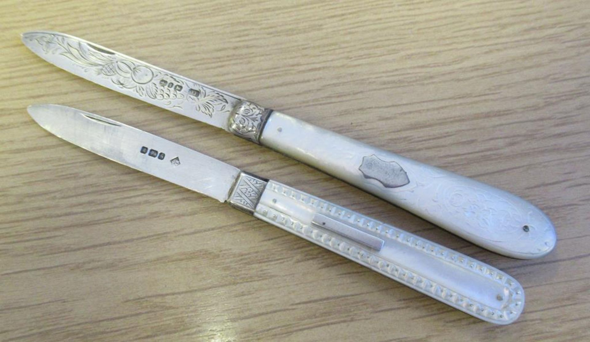 2 x Victorian Silver and Mother of Pearl Fruit Knives, each hallmarked