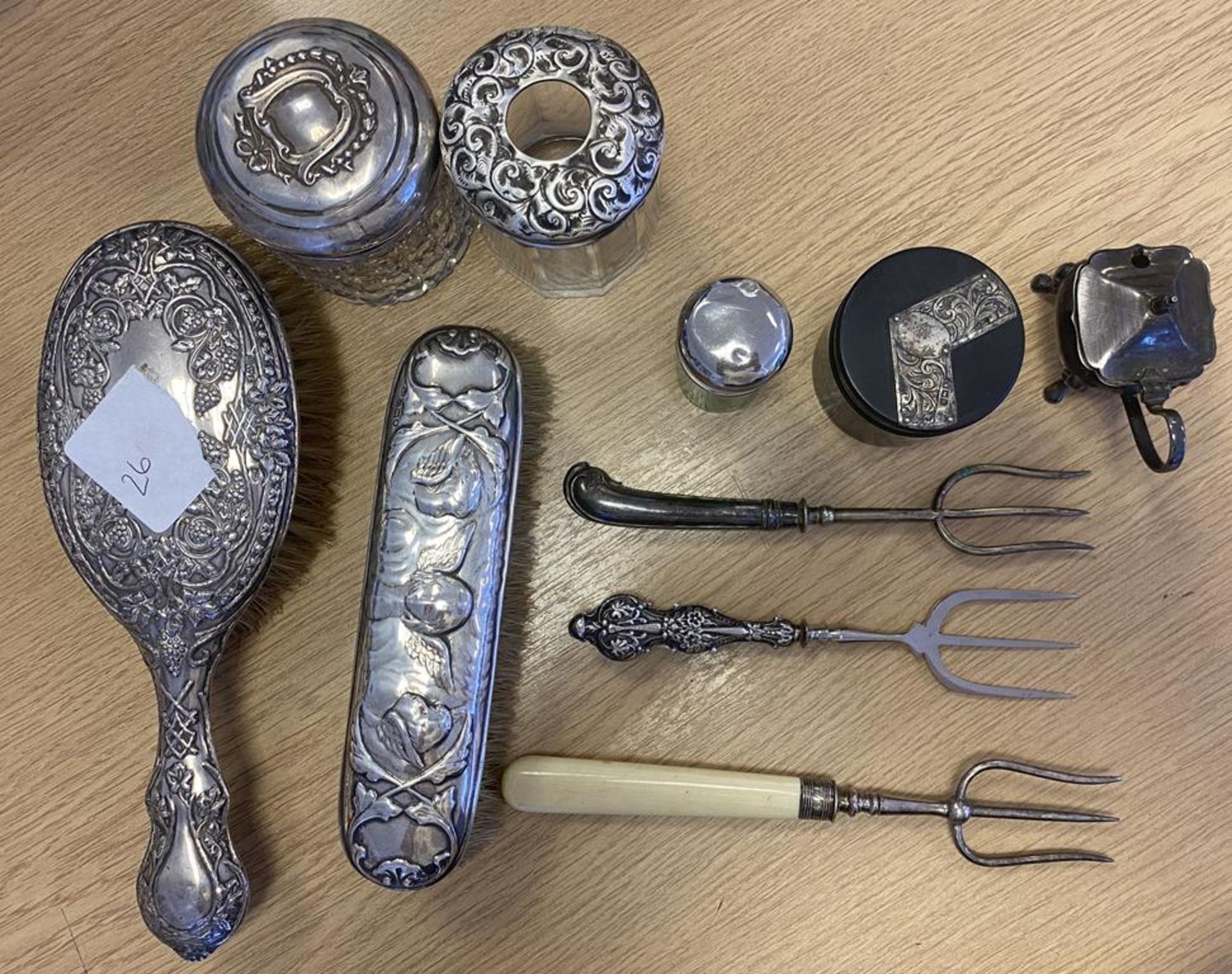 Box of Hallmarked Silver and Silver Handled Items to include two silver topped glass jars etc