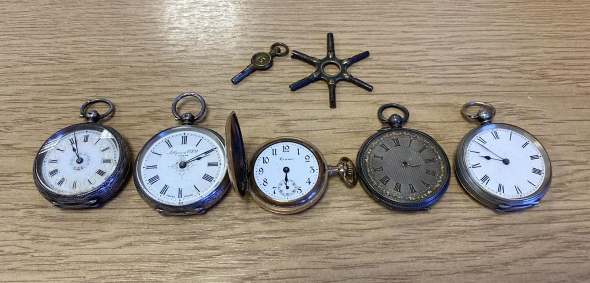 4 x Silver Fob Watches and a Yellow Metal Fob Watch marked "Crown Watch Company" - Image 2 of 2