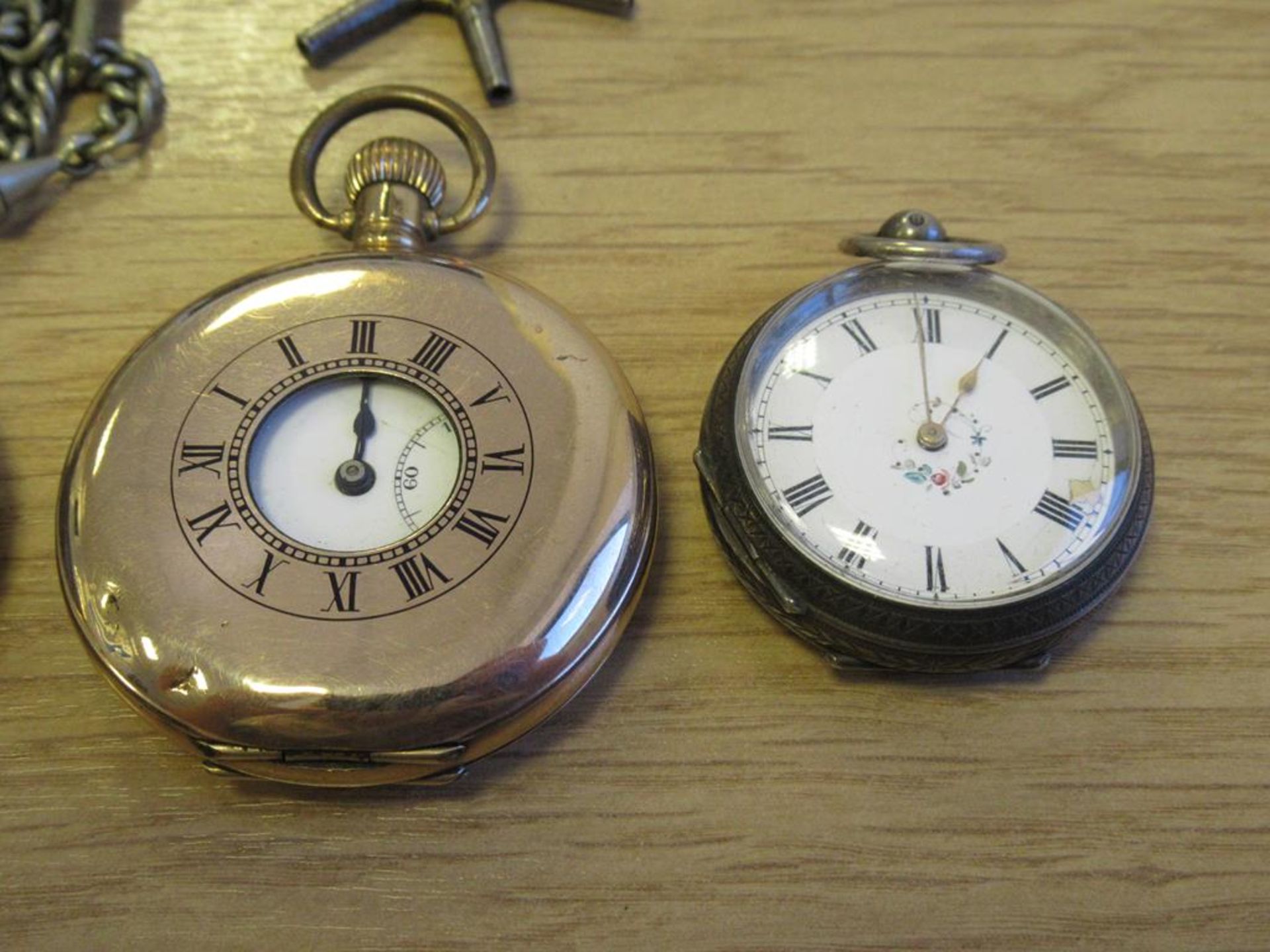 2 x Silver Fob Watches, Rolled Gold Half Hunter Pocket Watches, Watch Chain and Key etc - Image 3 of 3