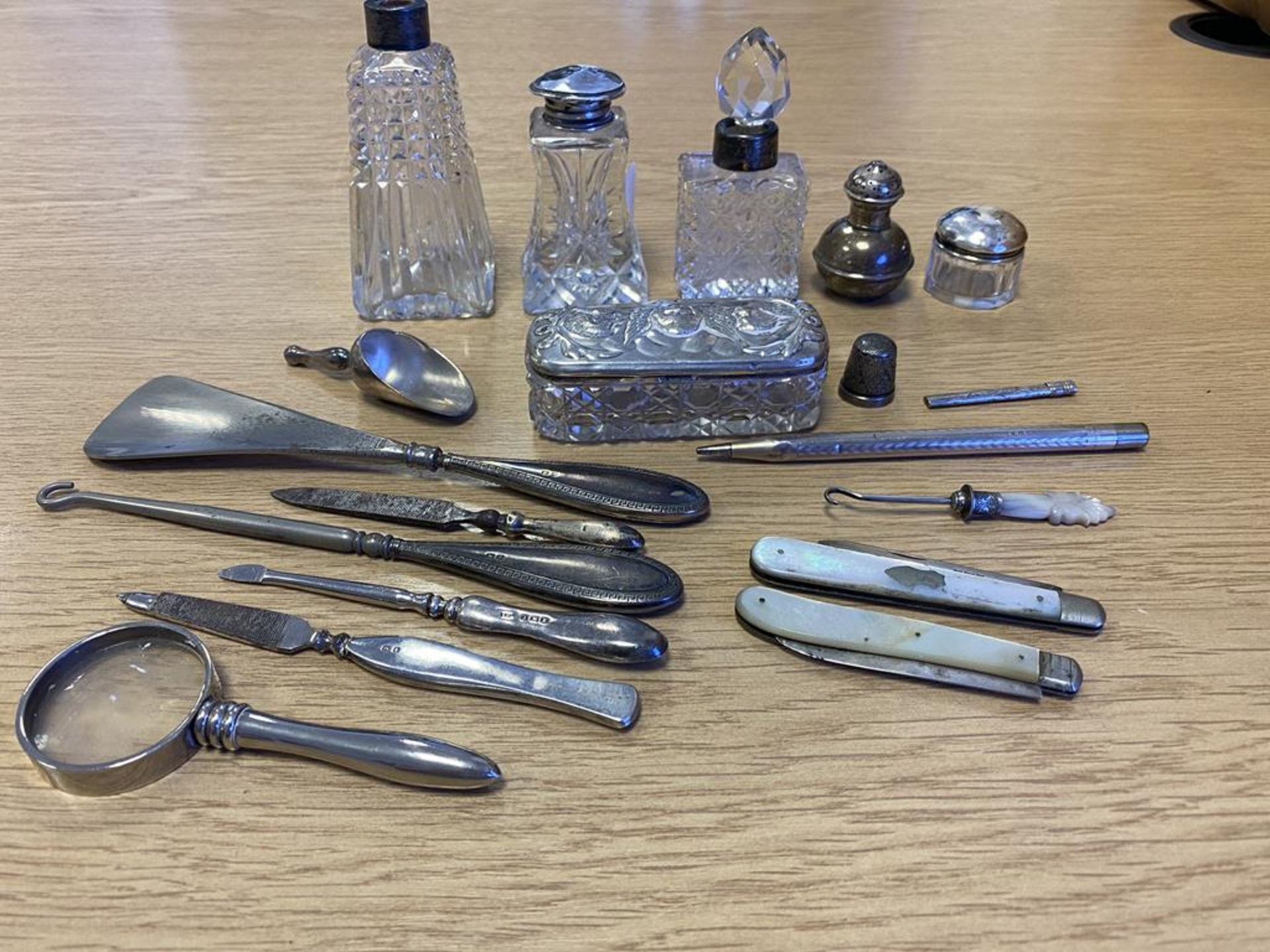 Fifteen Various Hallmarked Silver Items to include Fruitknives, Scent Bottles, Thimble etc