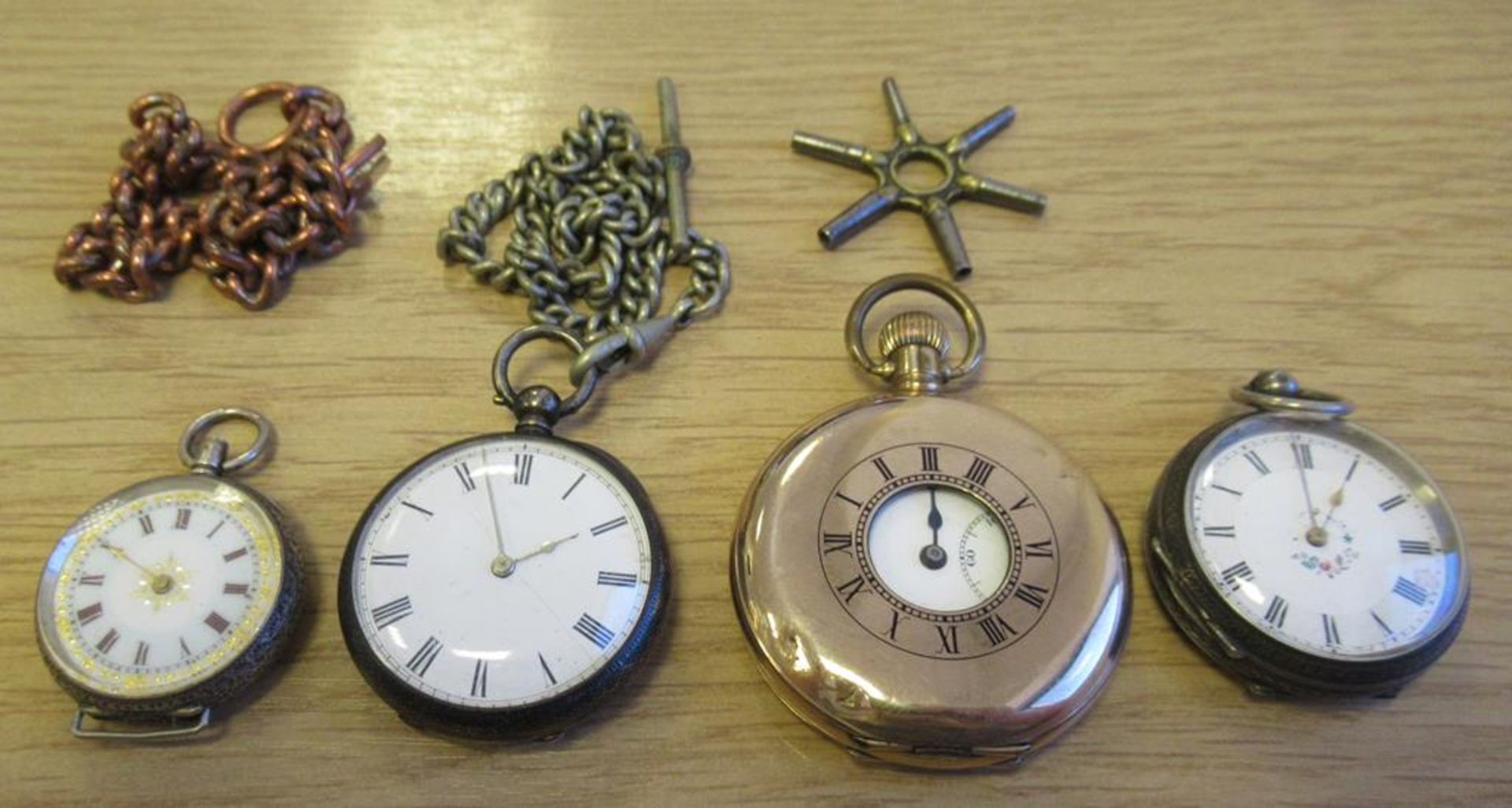 2 x Silver Fob Watches, Rolled Gold Half Hunter Pocket Watches, Watch Chain and Key etc