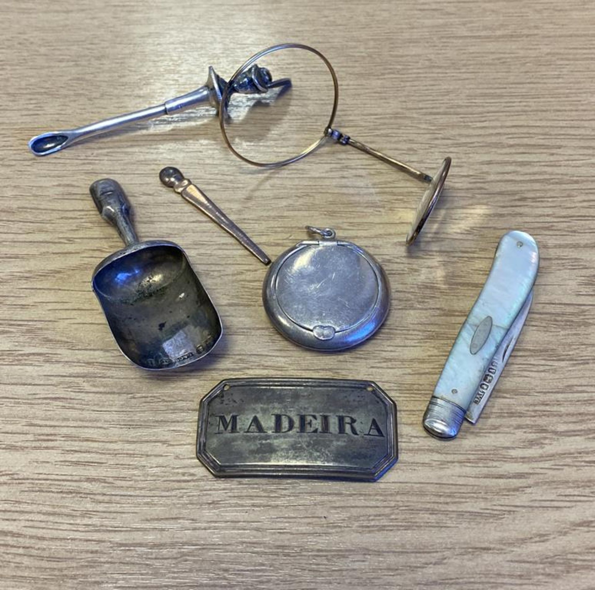 Georgian Hallmarked Silver Caddy Spoon, Silver Compact Birmingham 1923, Silver Victorian Fruit Knife