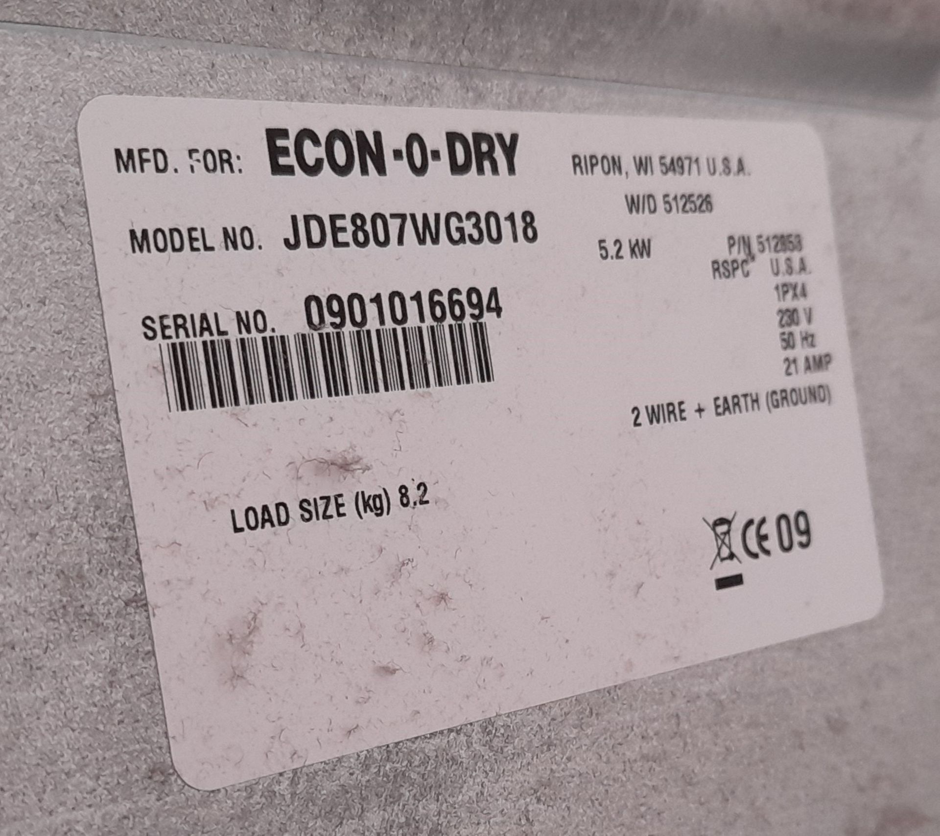 Eco-Dry JDE807WG3018 commercial dryer (Serial Number: 0901016694, Load Size: 8.2KG). *Purchaser to - Image 3 of 4