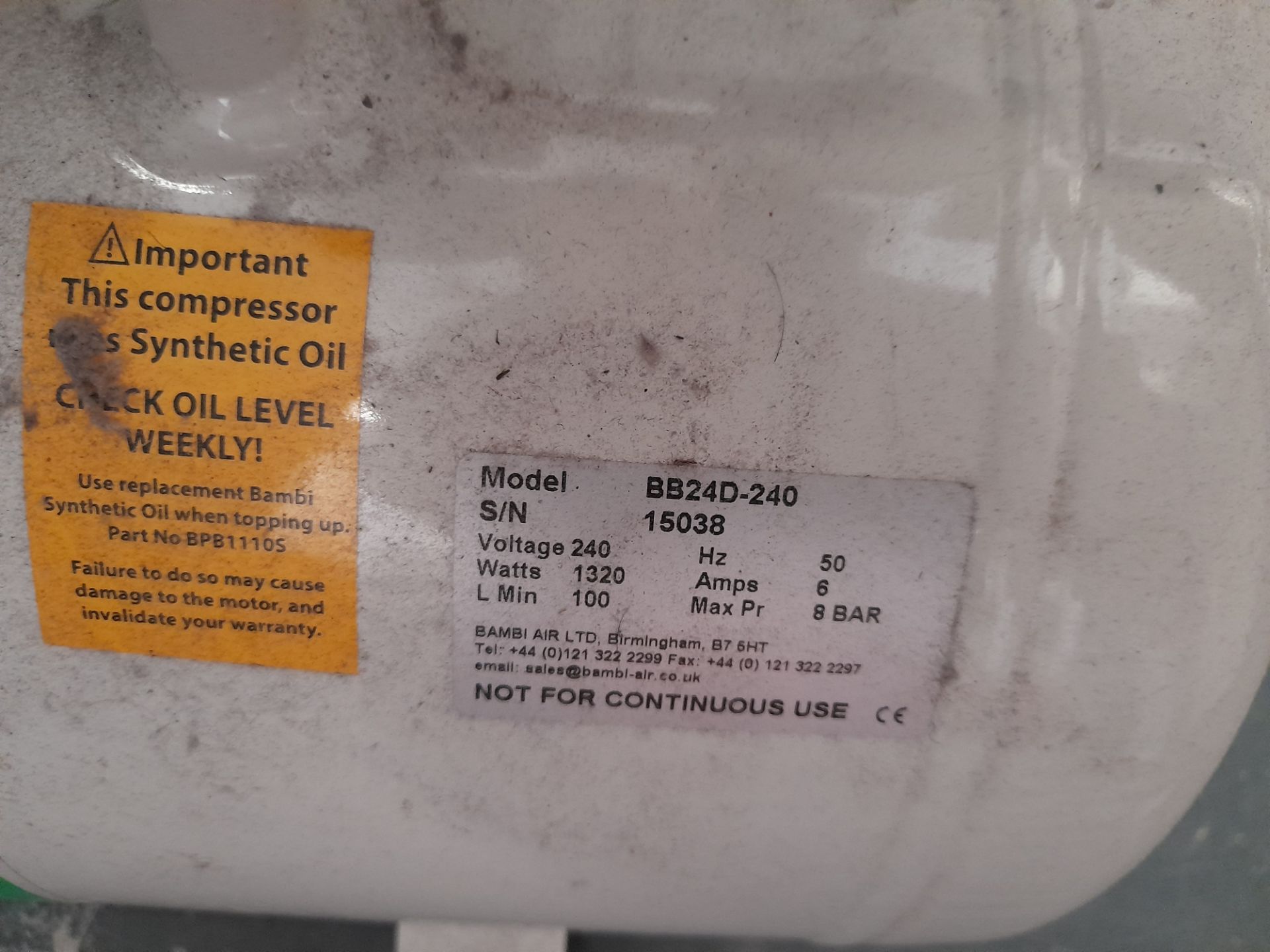 Bambi BB24D-240 silent air compressor (Serial Number: 15038) - Image 2 of 6