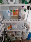 Shelving and contents, to include assortment of detergents, rinse liquids, hand sanitisers etc