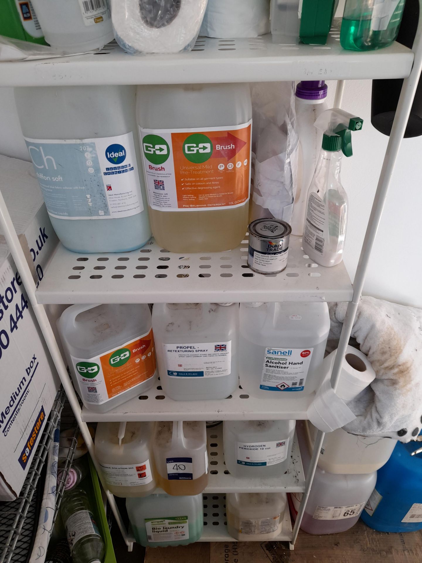 Shelving and contents, to include assortment of detergents, rinse liquids, hand sanitisers etc