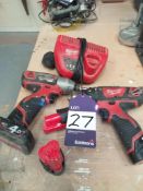 Milwaukee M12 BPB Cordless Drill, M12 Bid Impact Driver with Charger & 2 Spare Batteries