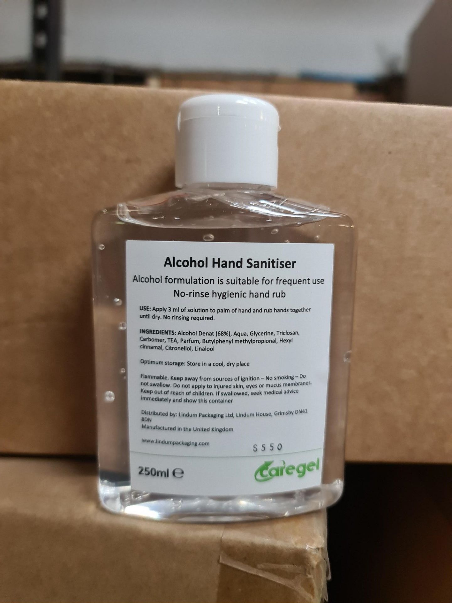 PALLET OF 2,016 CAREGEL 250ML ALCOHOL HAND SANITISER GEL. SUITABLE FOR FREQUENT USE. NO-RINSE - Image 2 of 3