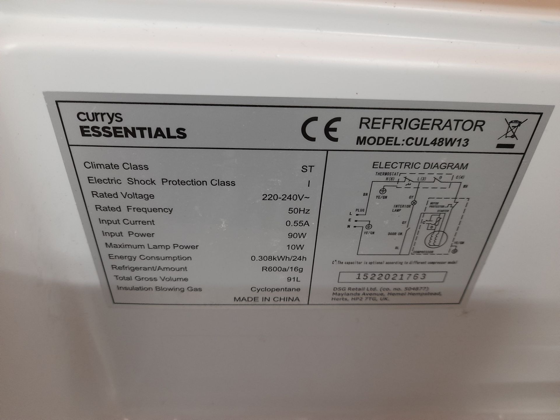 Curry’s Essential CUL48W13 undercounter refrigerator - Image 2 of 2