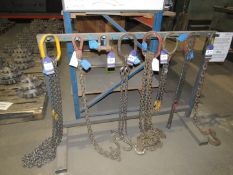 7 various Lifting Chains / Hooks on metal rack