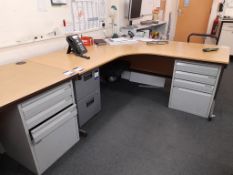 2 Person Workstation to include 3 desks, table, 3 various filing cabinets and 2 bookcases