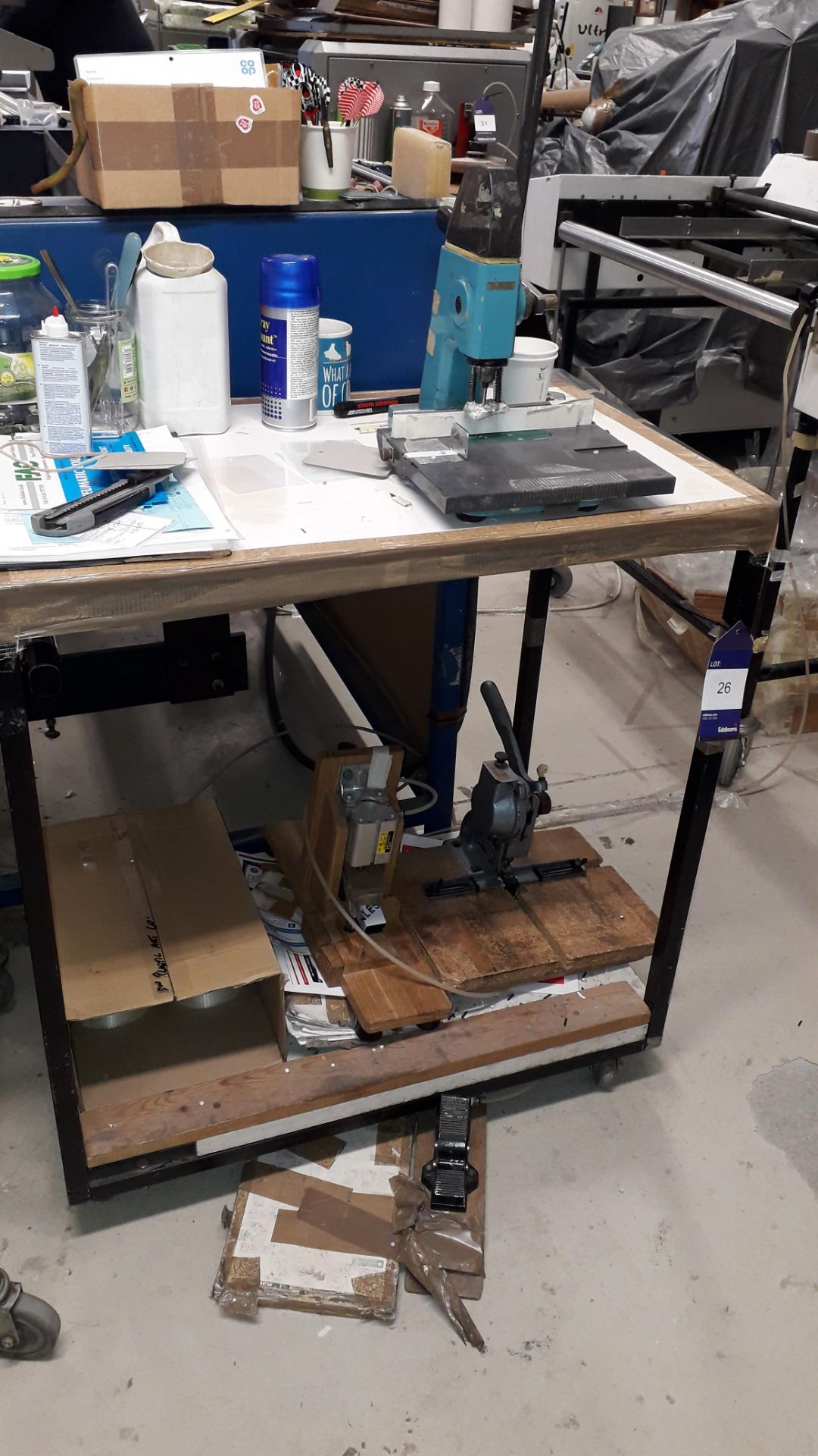 Vanguard Bench Top Lever Punch, unbadged manual eyeletter and pneumatic bench top punch with bench