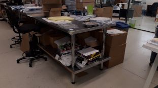 Melamine /chrome Bench, Timber Bench, Chrome wire low shelving unit, two operators swivel chairs and