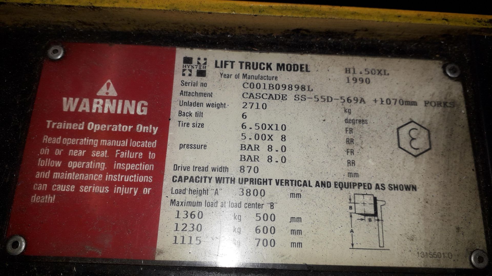 Hyster H1-50XL LPG gas forklift truck, twin stage mast, side shift, 9,441 hours, (1990) S/N C001B098 - Image 6 of 6