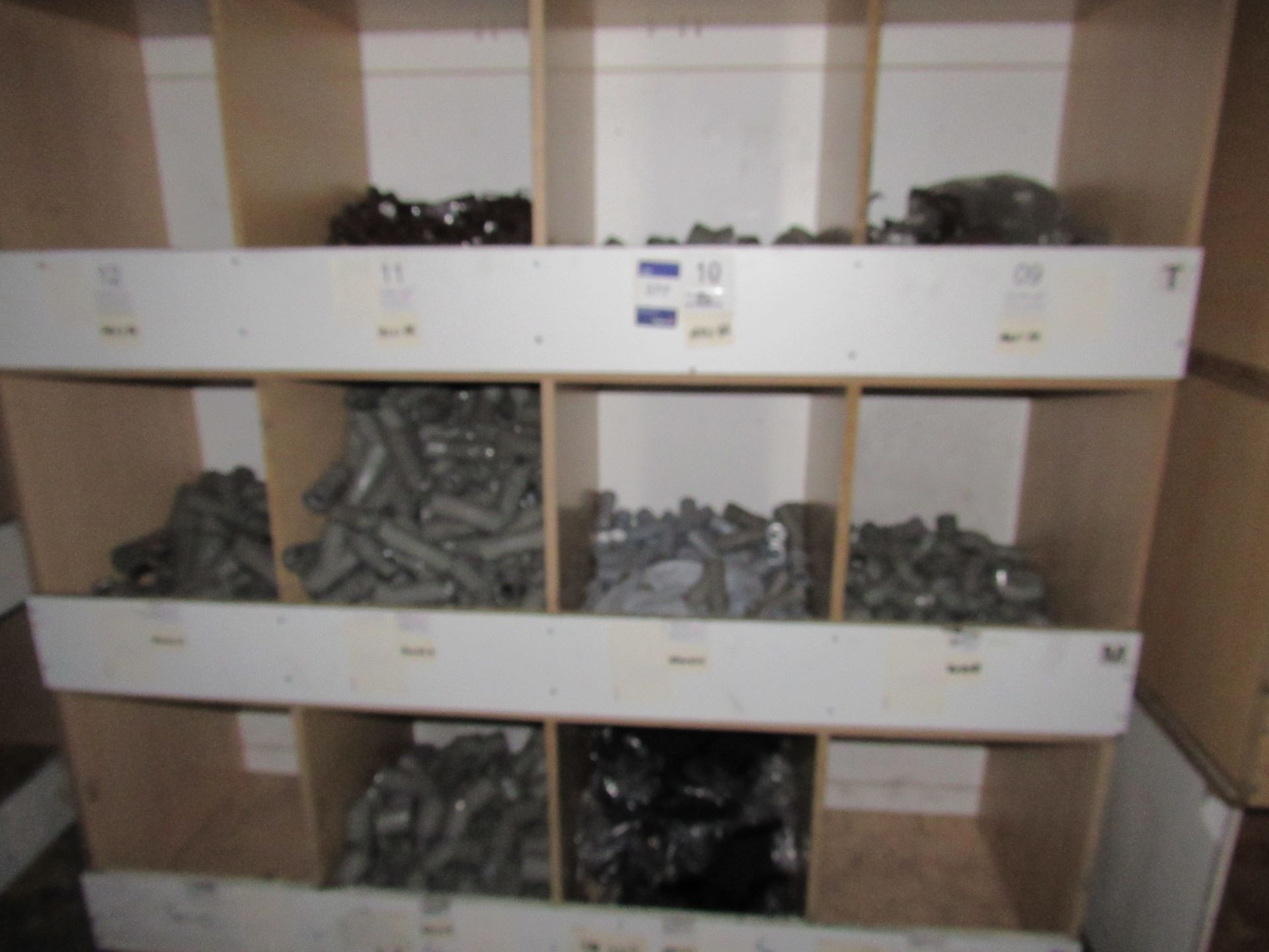 Contents to Wood Storage Unit to include Various Plastic Fittings and Clips, e.g. Square Pipe