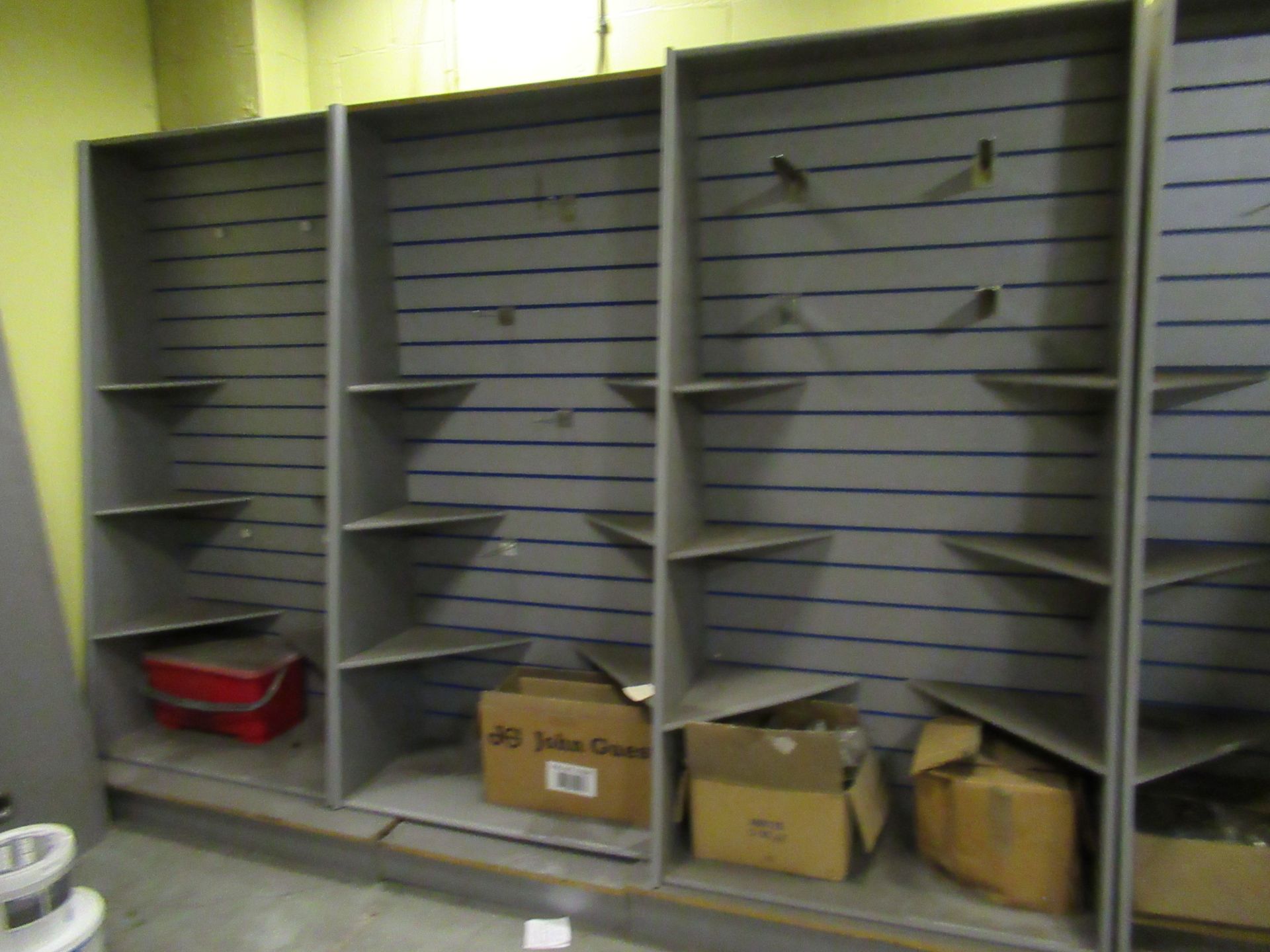 6 Bays of MDF Slat Showroom Display Stands with Assorted Accessories included. eg Pegs, Shelves,