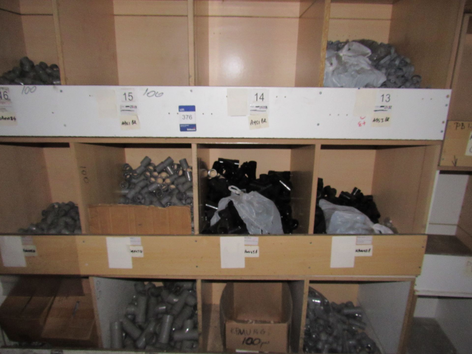 Contents to Wood Storage Unit to include Various Plastic Fittings and Clips e.g. Branch Tee, 32mm