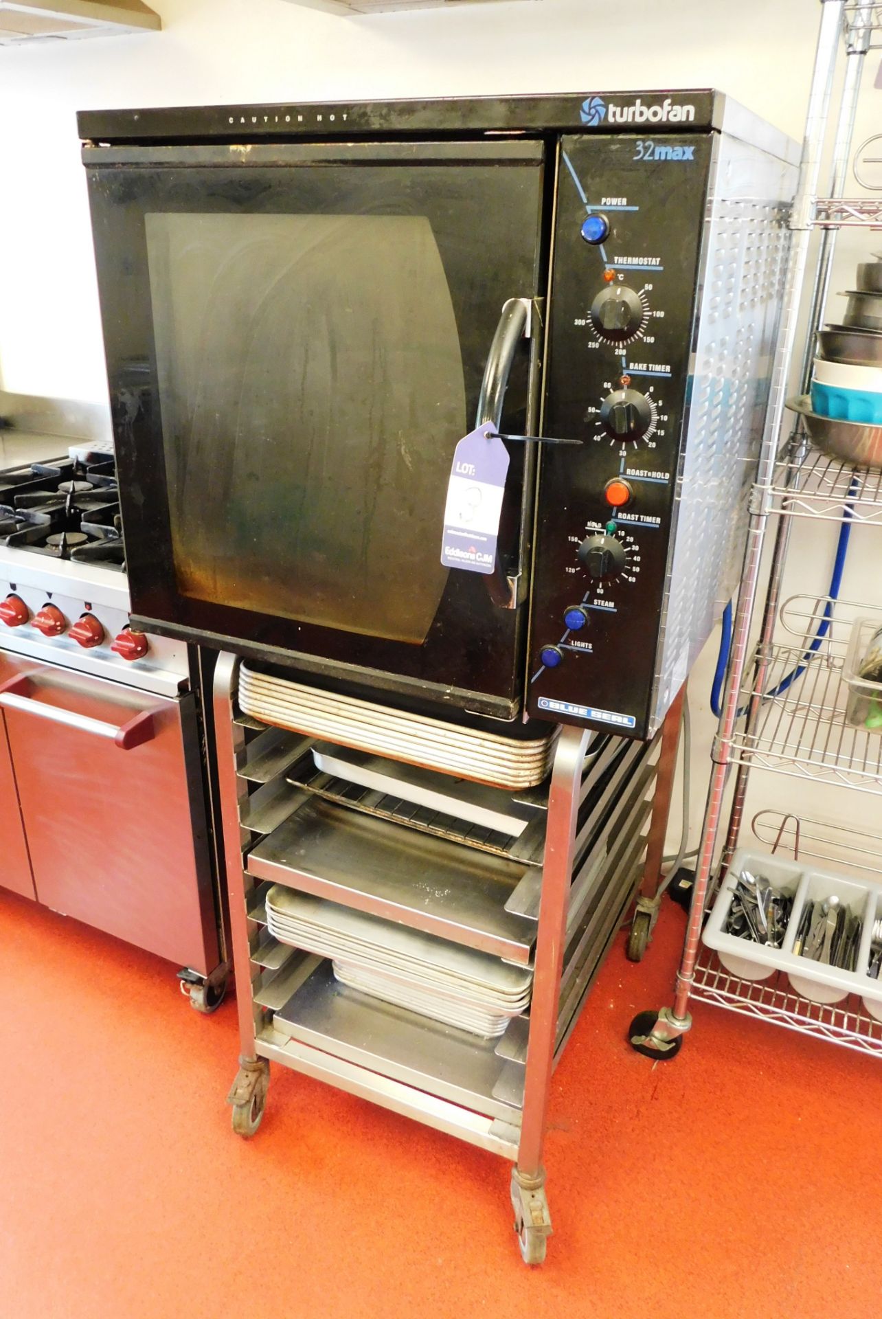 Blue Seal Turbo Electric Steamer Oven to Trolley with Approx 45 Oven Trays, Model: E32M, Serial 34