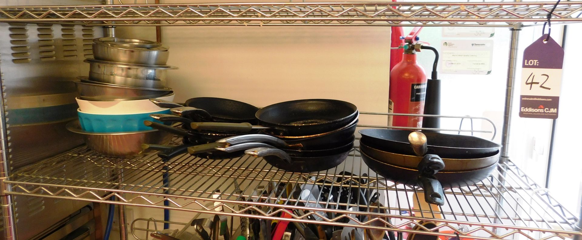 Contents of Shelf to Include Approx 14 Frying Pans, and Quantity of Mixing Bowls (Shelf Not