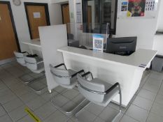 Contemporary White Reception Desk Station comprising 2 Desks, 2 Faux Leather Mobile Chromed Office