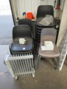 20x Various Plastic Stacking Chairs together with a radiator and electrical box