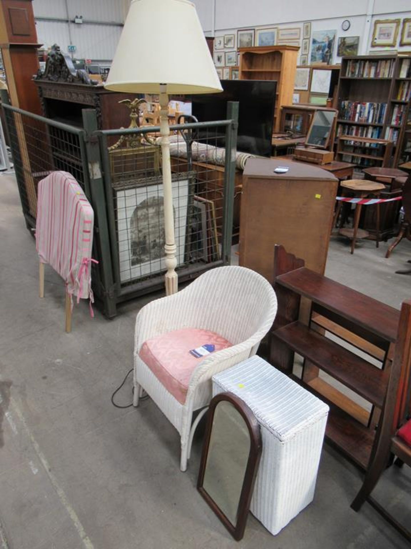 Lamp, Lloyd Loom Chair, Wicker Basket and Small Mirror