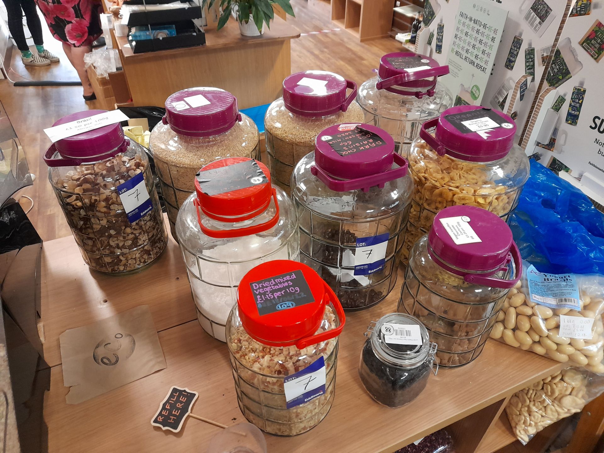 9 Various Stock Jars and Stock including brazil nuts, gluten free macaroni, soup mix, milk chocolate