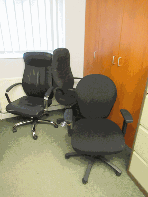 Content of the office to include 3 x Mobile office chairs, 2 x Matching Office Desks, 3-door Cupboar