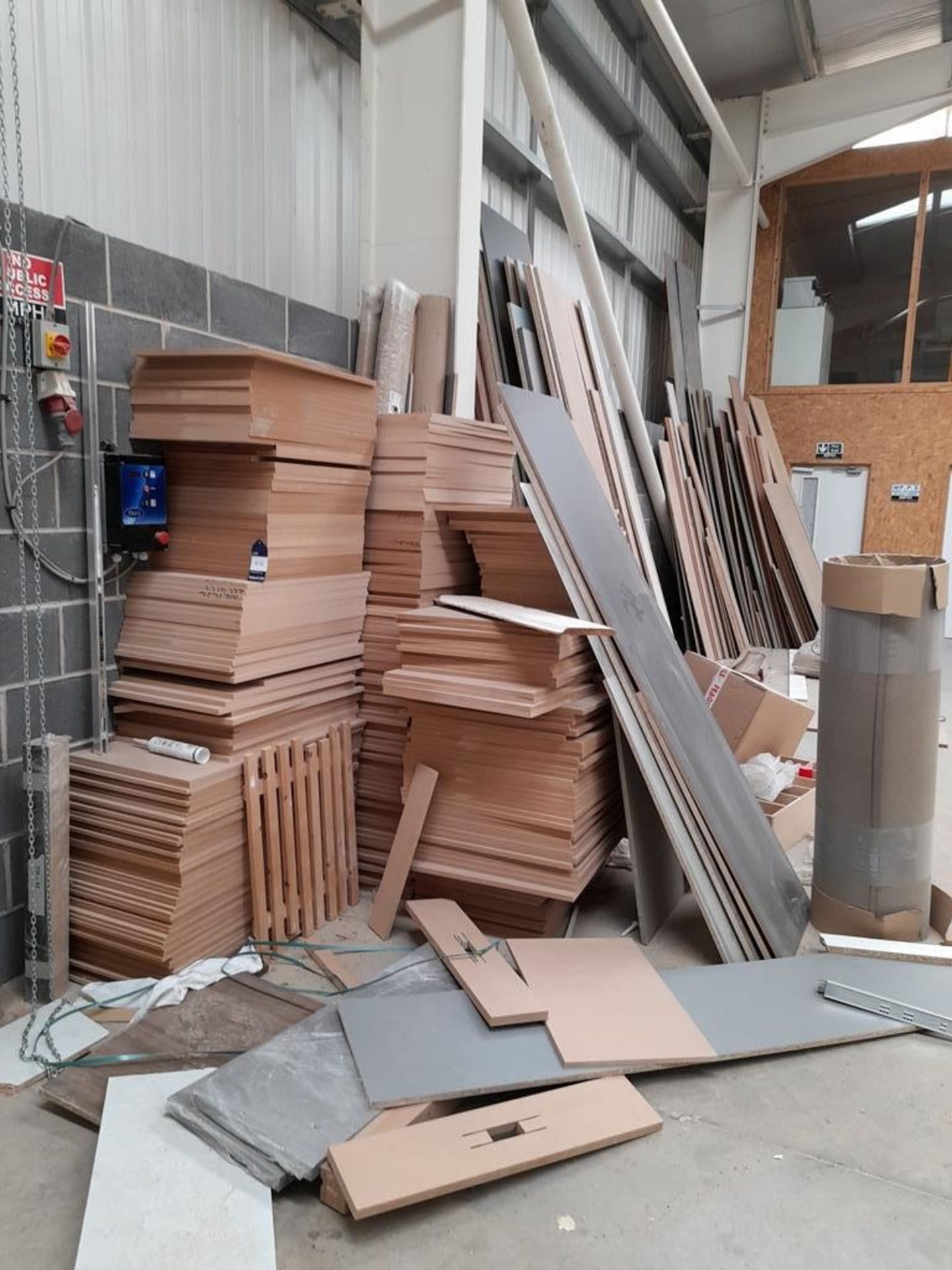 Quantity of various stock including various MDF, plywood, chipboard etc. panels, various veneer &