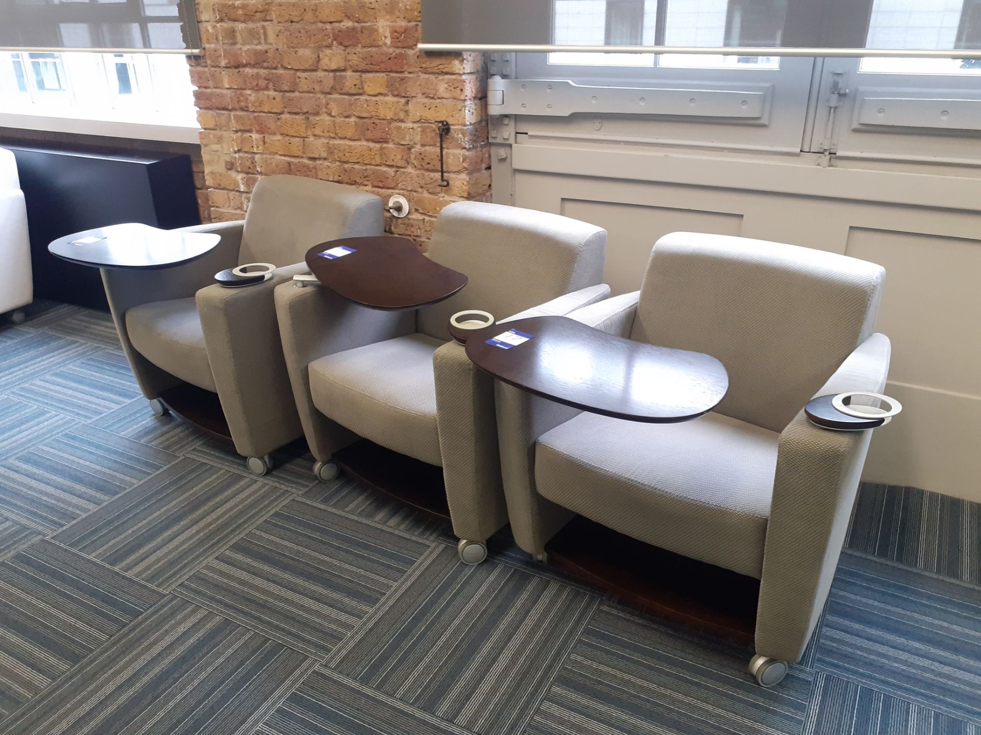 3 x Executive armchairs, slate, with table section and drinks holder. Location – London. Viewing