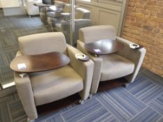 Pair of executive armchairs, slate, with table section and drinks holder. Location – London. Viewing