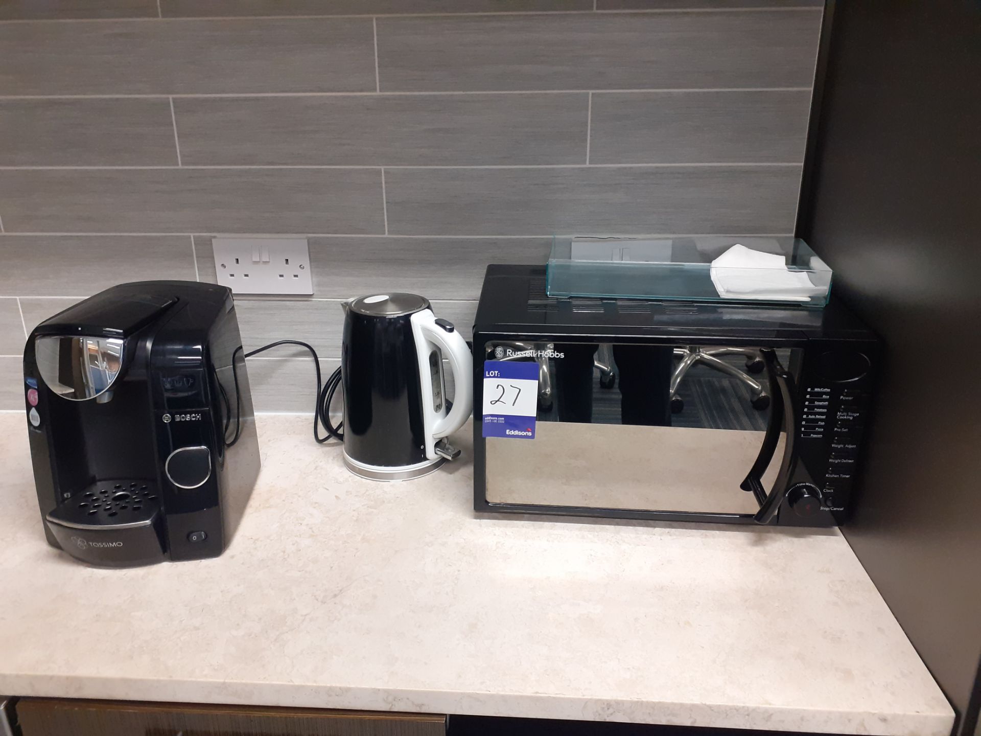 Bosch Tassimo coffee machine, Russell Hobbs microwave oven, cutlery, and glassware. Location –