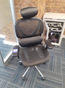 Executive mobile elbow swivel chair, mesh seat and back. Location – London. Viewing strongly