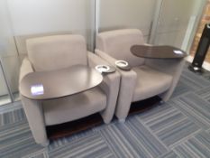 Pair of executive armchairs, slate, with table section and drinks holder. Location – London. Viewing