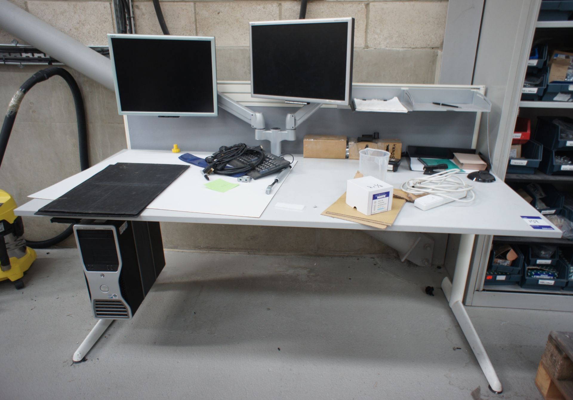Adapt cantilever desk, with monitor arms, and 2 x various Multisync LCD monitors, and computer