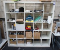 Multi compartment storage unit (1850 x 1850 x 390), and contents to include tools, adhesives etc