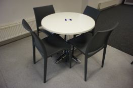 Circular contemporary breakout table (800mm diameter), with 4 x dark grey plastic chairs