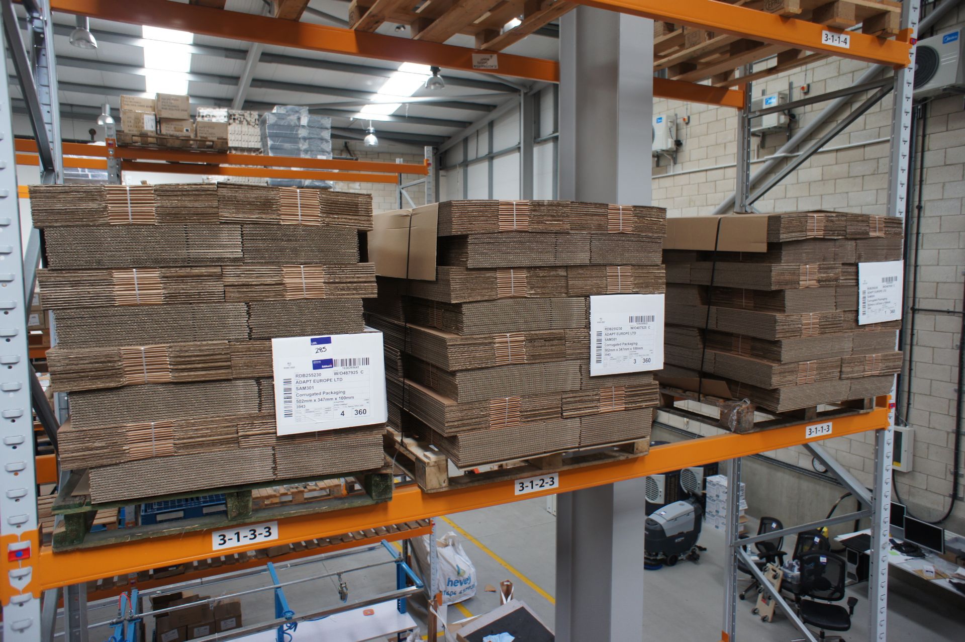 Quantity of various cardboard packaging to pallets, to include 1 x pallet of 650 (485mm x 110 x